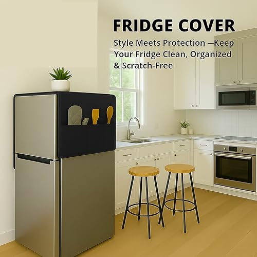 Image of Refrigerator Single Door Waterproof, Dustproof, Refrigerator Top Cover, Protective Cover for Fridges with Extra Storage Space Nylon Top cover with 6 Storage Pockets ( Black, 130 x 54 cm )