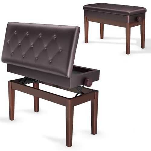 Clevich Tabouret de Piano réglable en Hauteur 48-58 cm, Banc de Piano Double, avec Espace de Rangement, Banquette Piano avec Coussin en Cuir PU, Charge maximale : 200 kg, Couleur Noyer