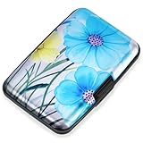 Mayski Credit Card Holder, RFID Blocking, Aluminum Alloy Hard Case, Small Mini Business Metal Wallet for Women Men, Blue Flower