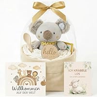 Windeltorte Mädchen & Junge mit Koala Greifling - Boho Vintage [Handmade] - Baby Geschenk zur Geburt & Babyparty - mit Organizer-Säckchen, Premium Windeln & Geschenkfolie, Windeltorte Neutral