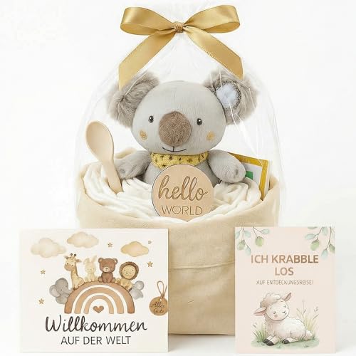 Windeltorte Mädchen & Junge mit Koala Greifling - Boho Vintage [Handmade] - Baby Geschenk zur Geburt & Babyparty - mit Organizer-Säckchen, Premium Windeln & Geschenkfolie, Windeltorte Neutral