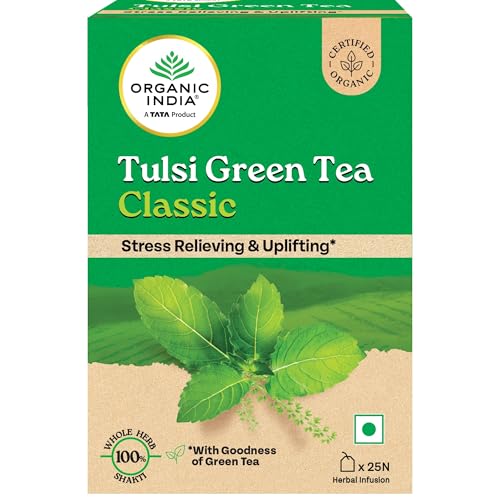 Image of A TATA Product - Organic India Tulsi Green Tea Classic - 25 Tea Bags, Uplifts Mood, Rich in Antioxidants, Blend of Rama, Krishna & Vana Tulsi, Certified Organic