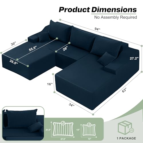 Image of HABUTWAY U Shaped Modular Sectional Couch for Living Room, Modular Cloud Sofa with Ottoman, No Assembly Boneless Couches with Deep Seat, Corduroy Fabric (Blue, Right Facing)