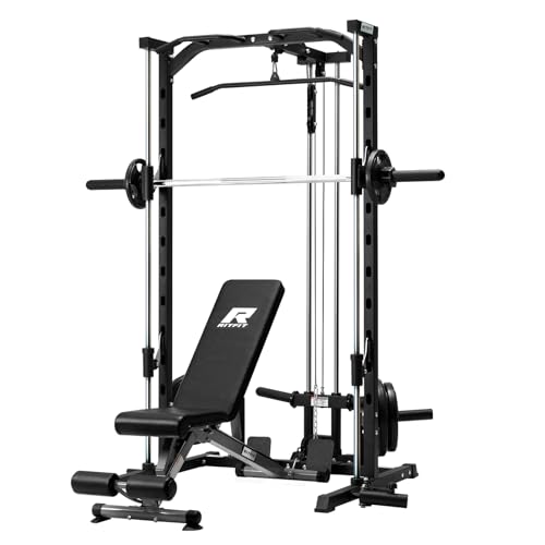 Image of RitFit Smith Machine Power Rack with LAT-Pull Down System, Landmine, Barbell Bar, Plate Storage Pegs and More Training Attachment