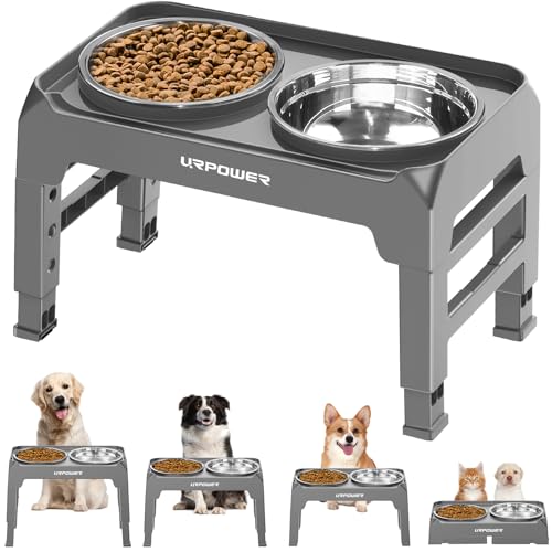 URPOWER 4 Height Adjustable Elevated Dog Bowls - 50oz Large Capacity Stainless Steel Bowls, No-Spill Edge, Non-Slip Stand for Small, Medium, Large Dogs & Pets