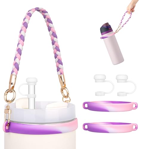 HEYSKAY Water Bottle Handle with Strap for Stanley 12-40OZ Tumbler Water Bottle Strap for Carrying Owala Flask 24-40oz Water Bottle Sling As Stanley Cup Accessories with 2PCS Silicone Straw Covers