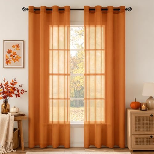 MIULEE Voile Vorhang mit Ösen transparent 140x225 cm 2er Set Orangenfarbe | Transparente leichte Voile Gardine als Ösenschal für Wohnzimmer und Schlafzimmer, lichtdurchlässig, luft