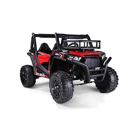 Elbil för barn UTV 24V, röd, två platser i läder, 2,4 GHz fjärrkontroll, 2 X 200 W motorer, elektrisk broms, LED-lampor, mjuka EVA-hjul med upphängning, MP3-spelare med USB / SD