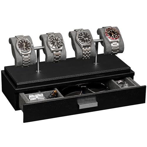 ROTHWELL Luxury Watch Display Case for 4 Watches – Leather Watch Box with Acrylic Cover and Removable Slide in Cushions – Accessory Drawer with Multiple Configurations (Black/Grey)