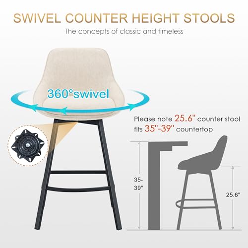 Zesthouse-Swivel-Bar-Stools-Set-of-2-Modern-Counter-Height-Barstools-with-Backs-Upholstered-Linen-Fabric-Stools-for-Kitchen-Island-26-Counter-Top-Stools-with-Metal-Legs-Beige Zesthouse Swivel Bar Stools Set of 2 Modern Counter Height Barstools with Backs Upholstered Linen Fabric Stools for Kitchen Island 26 Counter Top Stools with Metal Legs Beige
