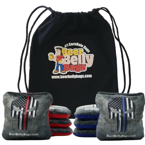 Beer Belly Bags Pro Style Performance Cornhole Bags Tournament Regulation Resin Fill 16 Ounce - Set of 8 Includes Carrying Tote Made in USA (Red/Blue Skull)