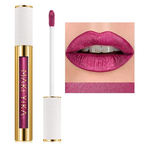 MAKI YIKA Metallic Pink Lipstick Long Lasting Hot Pink Lipsticks for Mother Women High Shine Glitter Lipstick No Smudge Transferproof Liquid Lip Gloss (BR01 Love Story)