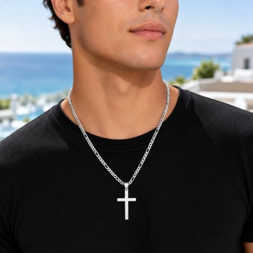 Image of CaptainSteeL Stainless Steel Cross Necklace for Men, Figaro Chain Pendant