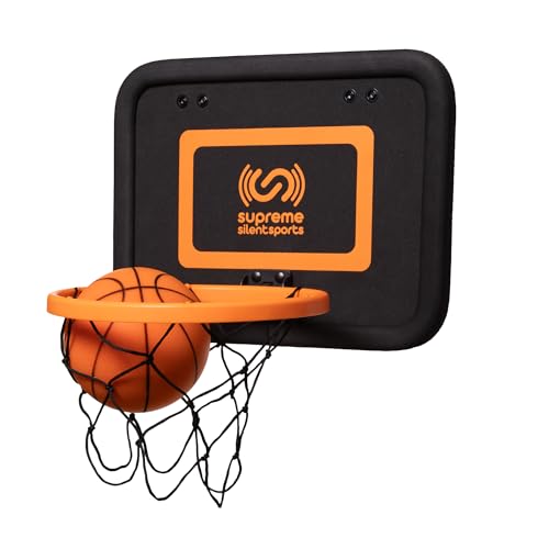 Supreme Silent Sports Basketball Hoop & Quiet Mini Ball | Indoor Premium Over the Door Hoop Noise Dampening Rim & Soft Backboard with Net Kids Toys & Games Gift for Teen Boys & Girls 6+ Year Olds