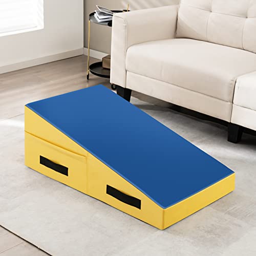 Gymax Incline Gymnastics Mat, Wedge Shape Gymnastics Incline Mat Non-Folding Gymnastics Gym Fitness Tumbling Mat, Ideal for Tumbling, Practice & Exercise (33" X 24" X 14") (Blue+Yellow) - Thumbnail 7