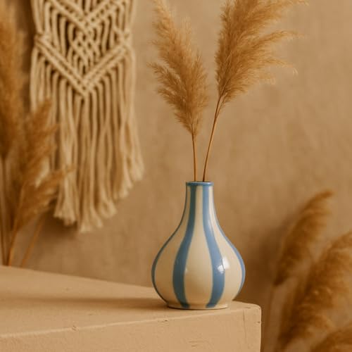 Image of PUREZENTO Blue & White Striped 'Tulip Bud' Ceramic Vase 6 Inch (Pack of 1) | Unique Modern Bud Vase for Dried Flowers & Pampas Grass | Vases for Modern Home Decor, Living Room & Office Decor Ideas