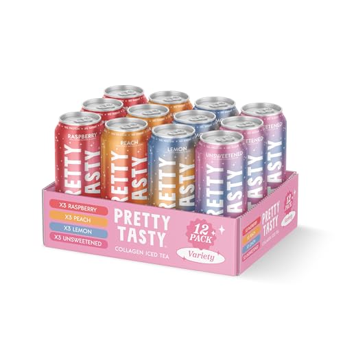 Pretty Tasty Collagen Iced Tea Variety Pack 12-Pack – Ready-to-Drink Collagen Drink with 10g Collagen Peptides per Can – Original, Raspberry, Lemon & Peach Flavors – Beauty & Wellness Beverage