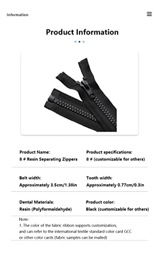 2Pcs #8 54 Inch Separating Zippers(Open-End Zipper) For Sewing Coats Jacket Zipper,Black Molded Resin Zippers Bulk #TOP2