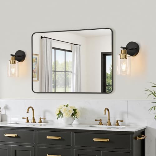 Image of Zarbitta Set of 2 Wall Sconces for Bathroom, Black and Gold Modern Vanity Lights with Clear Glass Shade,Bathroom Wall Lamp for Mirror Kitchen Living Room Hallway Cabinet Porch