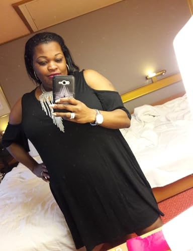 Kancystore Women Plus Size Dresses Short Sleeve Cold Shoulder Casual T-Shirt Swing Dress with Pockets4