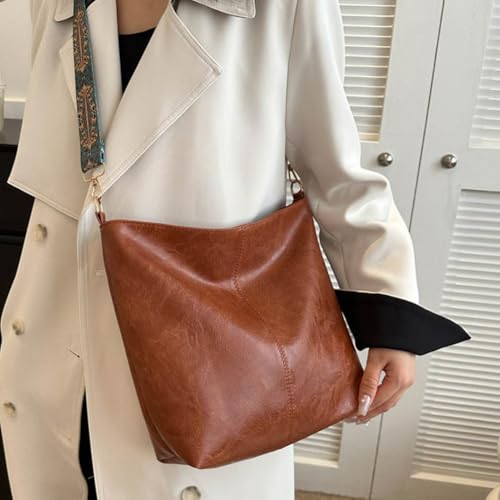 Hobo Crossbody Bag for Women Vegan PU Leather Shoulder Purses Brown Stylish Wide Guitar Strap Tote Bucket Bag with Zipper for Working, Shopping, Traveling, Daily Use, Gifts4