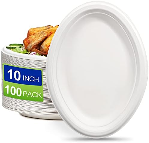 Oval Paper Plates White, 100 Pack Small Paper Plates, Eco Friendly Disposable Plates Made of Sugarcane Fibers, Oval Paper Plates Heavy Duty, Paper Plates 10 inch Bulk, 7.5 x 5 inch Inside