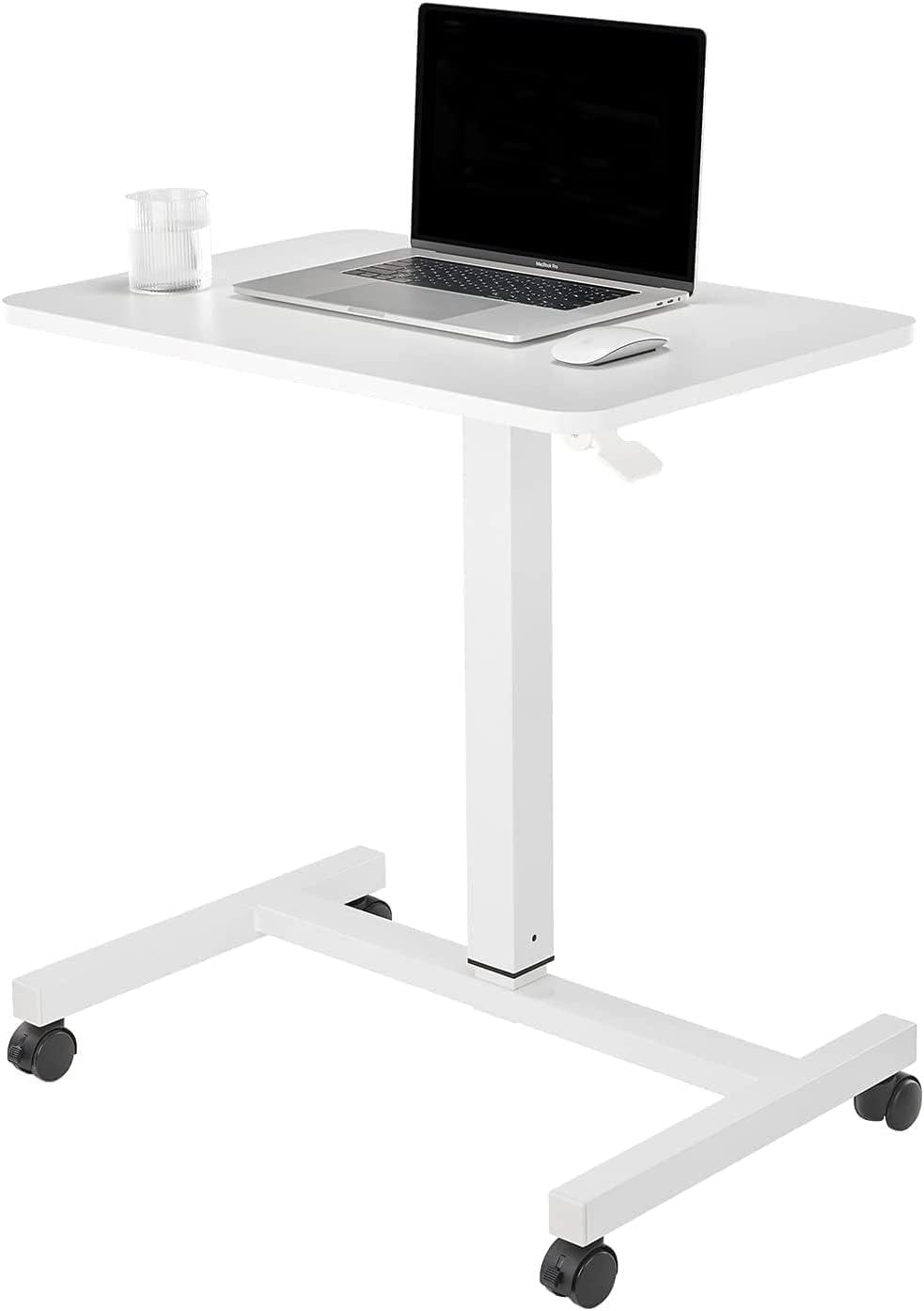 CLATINA Mobile Laptop Desk Pneumatic Sit-to-Stand | Height-Adjustable Rolling Cart with Lockable Wheels | Elegant White Design | 28" x 19" | Ideal for Home Office, Study, or Creative Spaces