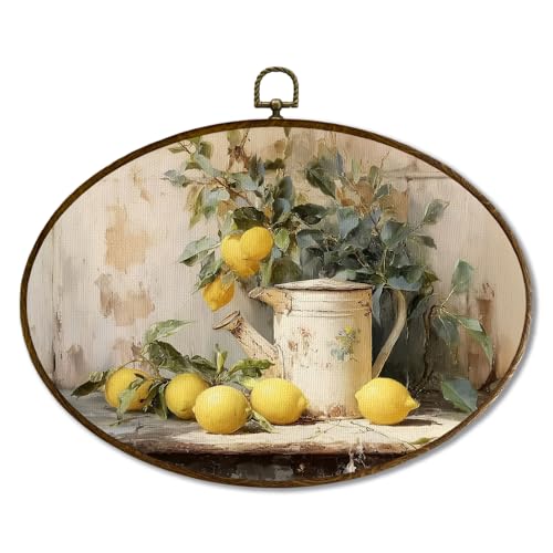 JQF Vintage Farmhouse Lemon Kitchen Oval Wall Decor, Rustic Cottagecore Oval Canvas Wall Art, Country Botanical Lemon Tree Framed Prints Hanging Decor for Home Kitchen Dining Room, 11.5x8.5 Inch