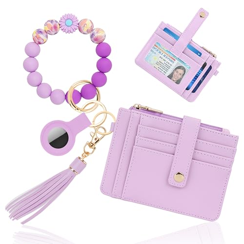 Image of Wristlet Wallet for Women, Keychain Wallet with AirTag Holder | 9 card slots,ID window & zipper pocket,RFID,beaded wrist strap and compact design for travel,shopping and daily carry.