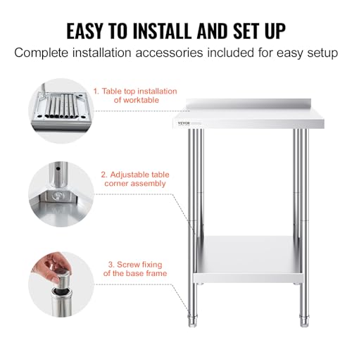 Image of VEVOR 24 x 24 x 36 Inch Stainless Steel Work Table, Commercial Food Prep Worktable Heavy Duty Prep Worktable, Metal Work Table with Adjustable Height for Restaurant, Home and Hotel