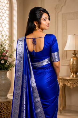 Image of Women's Glory Banarasi Satin Silk Saree Plain Silver Zari | Unstiched Blouse Piece Included.