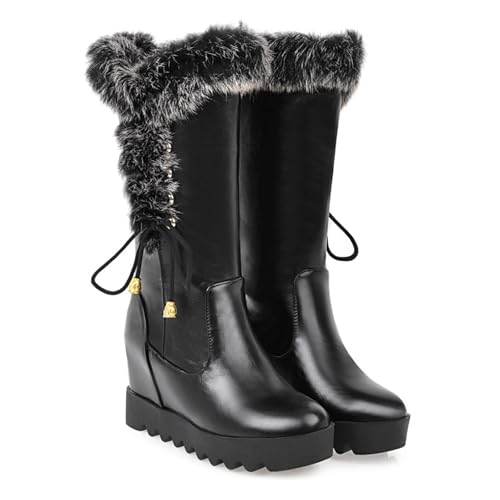 Women's Mid Calf Winter Platform Hidden Wedge Boots Slip on Thick Rabbit Fur Collar Warm Waterproof Stretch Leather Snow Boots