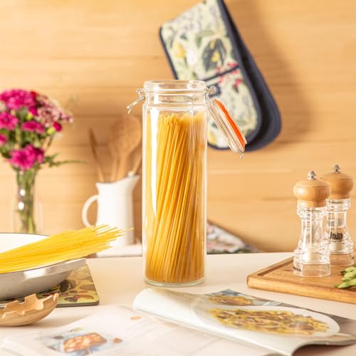 Argon Tableware 2000ml (2 Litre) Clear Glass Spaghetti Jar with Orange Airtight Silicone Seal and Metal Clip Lid - 70.3oz Empty Kitchen Container