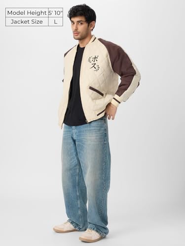 Image of The Souled Store Blaze Of Fury Men and Boys Long Sleeves Band Neck Zipper Front Beige and Brown Printed Polyester Oversized Puffer Jackets