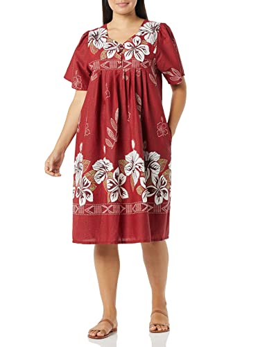 AmeriMark Womenâ€™s Floral Print Dress â€“ Short Sleeve House Dress with Pockets Red Large