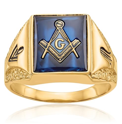 IceCarats 10K Solid Yellow Gold Mens Vintage Simulated Blue Spinel Master Mason Signet Freemason Masonic Ring