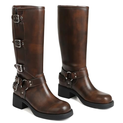 Image of AMINUGAL Knee High Boots Women Square Toe Pull On Wide Calf Riding Fashion Buckles Chunky Metallic Casual Vintage Buckle Rivet