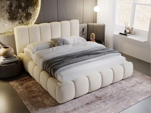 GRAINGOLD Cloud Bett 180x200, Polsterbett mit Bettkasten, Polsterbett mit Stauraum, Samt, mit Lattenrost, mit Kopfteil, ohne Matratze (Beige, 180x200)