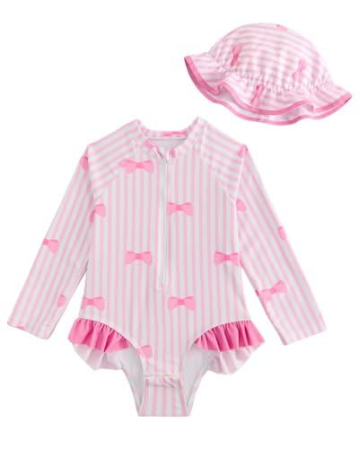 Image of WYTbaby Baby Girl Swimsuit Long Sleeve Toddler Swimming Costume with Hat Floral Ruffle Swimwear Snap Bottom Sun Protection Bathing Suits for Infant Girl 12-18 Months