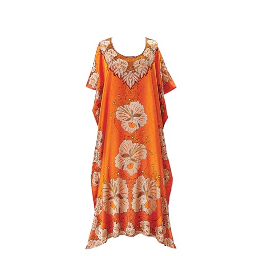 Golden Hibiscus Floral Caftan for Women, Ultimate Satin Comfort, Loungewear Dress, Swimsuit Cover Up, One Size Fits Most
