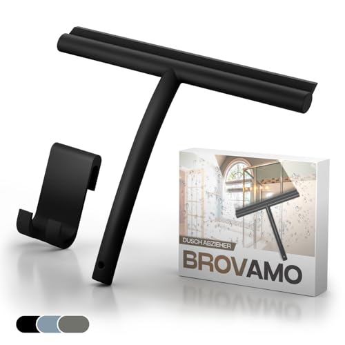 Brovamo Duschabzieher, Abzieher Dusche mit Halterung Ohne Bohren, Fensterabzieher Schlierenfreie für Glastür, Duschabzieher Silikon für Badezimmer Fenster Spiegel, Scheibenabzieher [Schwarz]