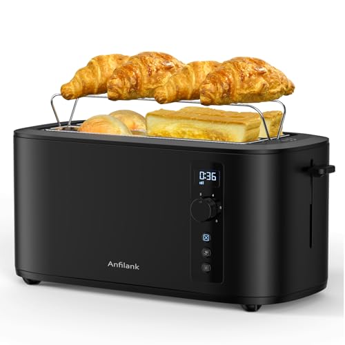 Anfilank Toaster 4 Slice Long Extra Wide Slot 1.5" with Countdown Timer, 6 Browning Settings, Built-in Warming Rack, Bagel/Cancel/Defrost Functions, Removable Crumb Tray-Matteblack