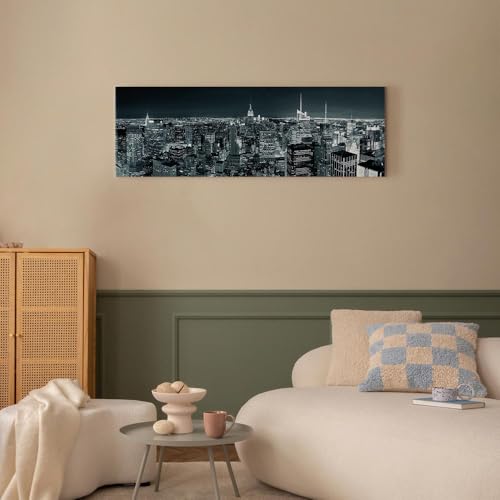 artgeist Canvas Wall Art Print City New York 35x12 in - 1pcs Home Decor Framed Stretched Picture Photo Painting Artwork Image Skyline Skyscrapers Panorama Night 9020122