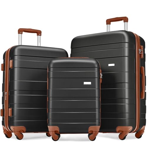 New Model ABS Hardshell 3pcs Luggage Set - Lightweight Durable Suitcase with TSA Lock, Spinner Wheels, 20''24''28'' (Black & Brown) for Versatile Travel & Airport Convenience