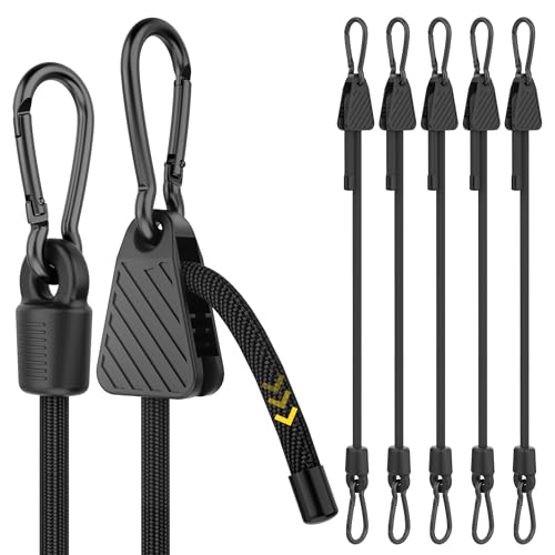 Image of Bungee Cords with Hooks, 96 inch Adjustable Bungee Cords with Carabiner Hooks, Easy to Adjust from 7 to 96 inch Black Elastic Bungee Straps with Clips Heavy Duty for Bike, Cargo, Tarps, 6 Pack