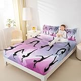 Gymnastics Bedding Set Full Size,Dancing Lover Silhouette Bed Sheet Set 3pcs for Kids Girls Woman Gymnast Room Decor,Cheerleading Sports Fitted Sheet Pink White Bed Cover with 2 Pillowcases