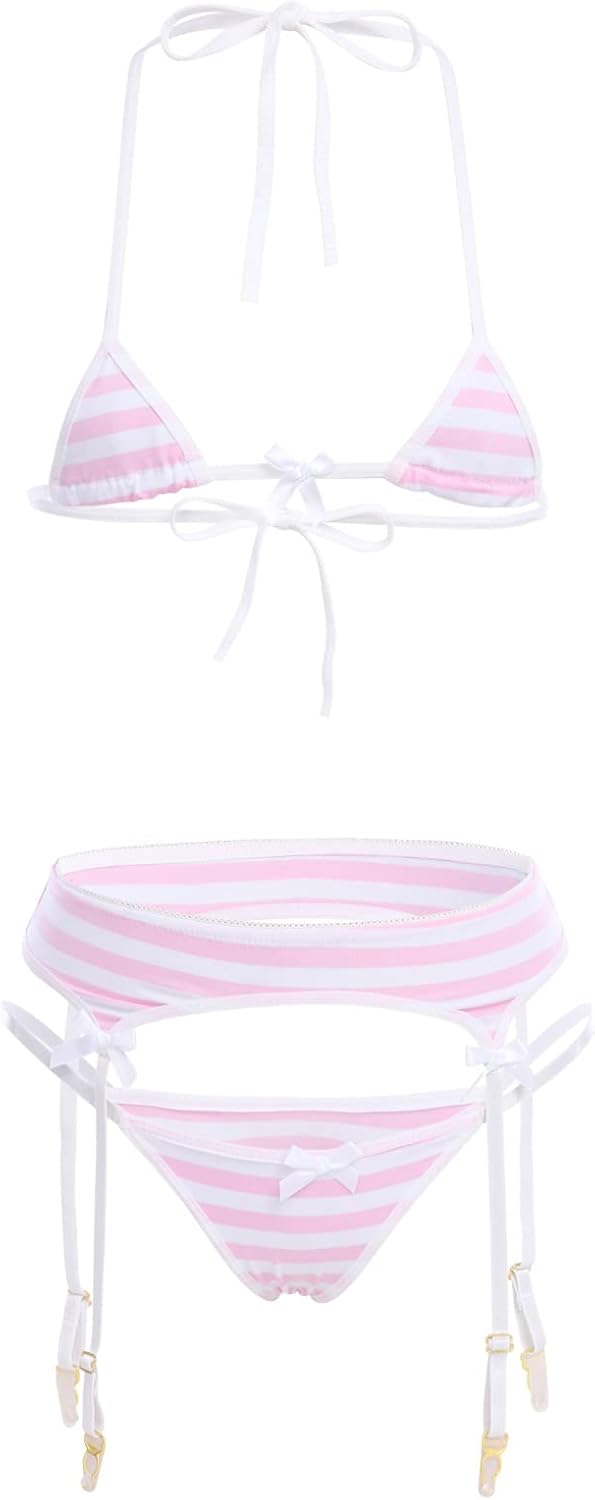 ABAFIP Women Cute Kawaii Striped Bikini Lingerie set Micro Tiny Bra G-string Panty/Garter Belt 2Pcs / 3Pcs Underwear