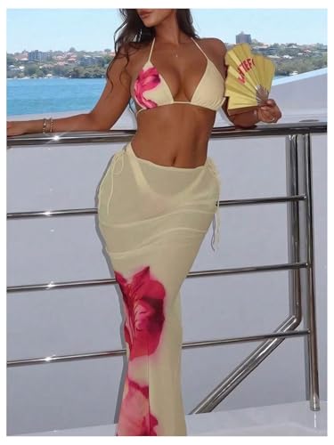 Women's 3 Piece Floral Bikini Sets Triangle Halter String High Cut Swimsuit with Cover Up Skirt2