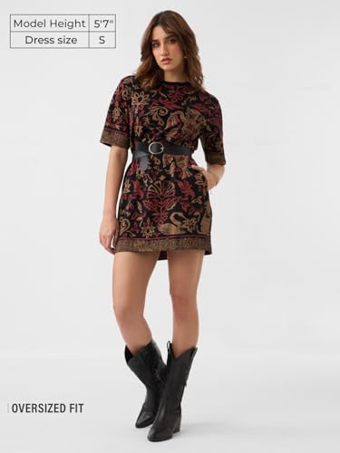 Image of The Souled Store Nomad: Grace Women and Girls Short Sleeves Round Neck Black Abstract Printed Cotton Casual Everyday Mini Oversized T-Shirt Dress