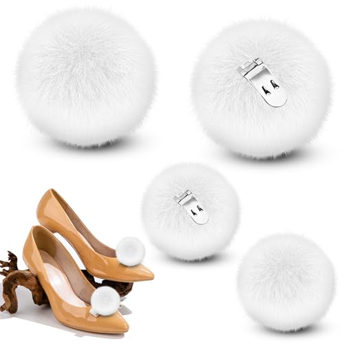 HINGTAI 4 pompones blancos para zapatos, adornos de Campanilla para zapatos de mujer, de piel de visón esponjosa y extraíble, para decoración de bodas, Halloween, disfraces, accesorios para niñas.